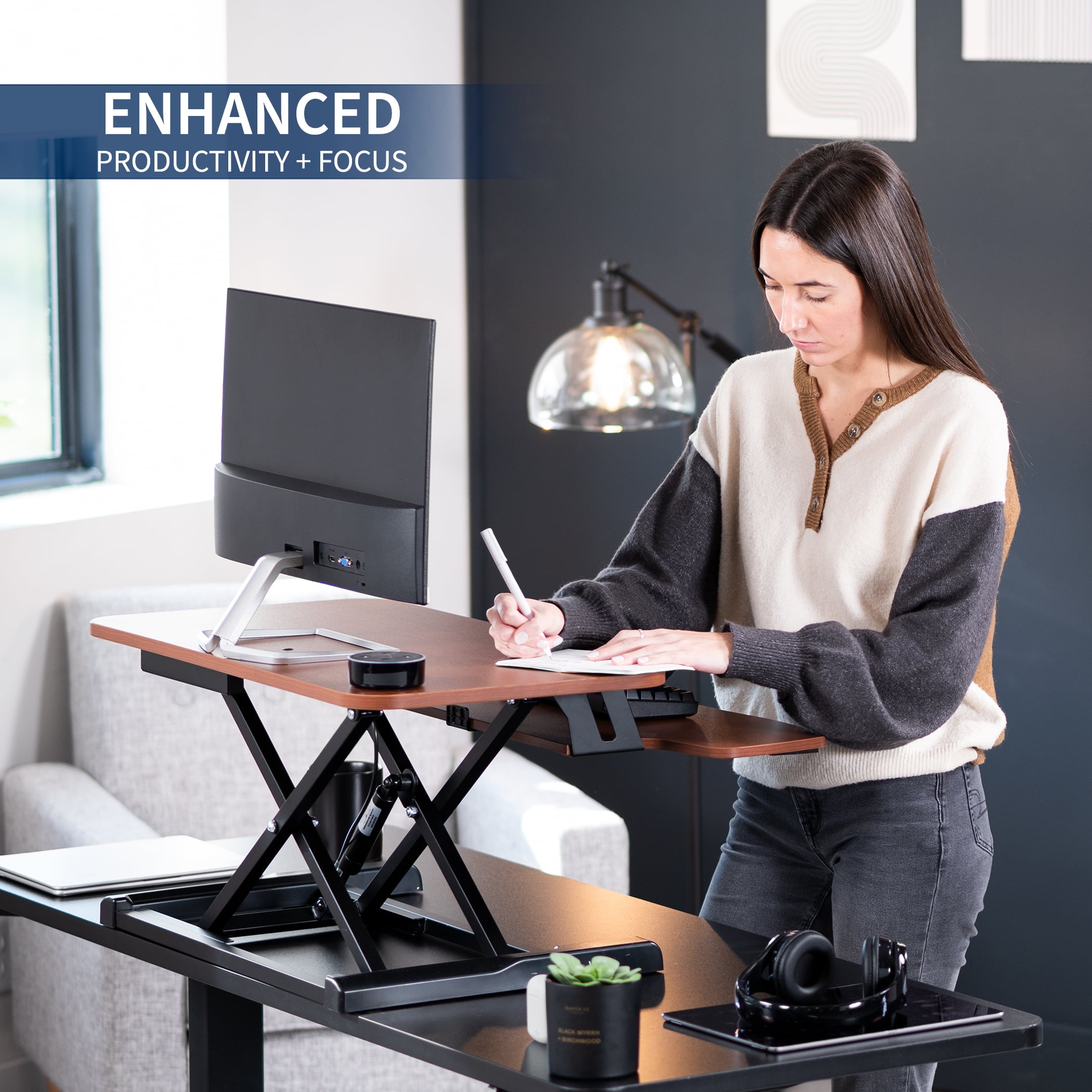 VIVO Dark Walnut Height Adjustable 28" Standing Desk Monitor Riser, Black Frame