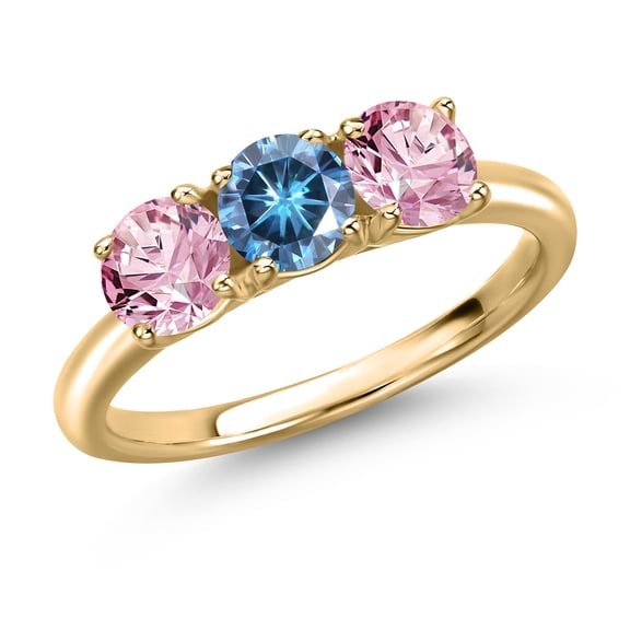 Gem Stone King 10K Yellow Gold Persian Blue Moissanite and Pink Lab Grown Diamond Engagement Ring for Women | 1.50 Cttw | Round 5MM | Gemstone Birthstone | Size 8