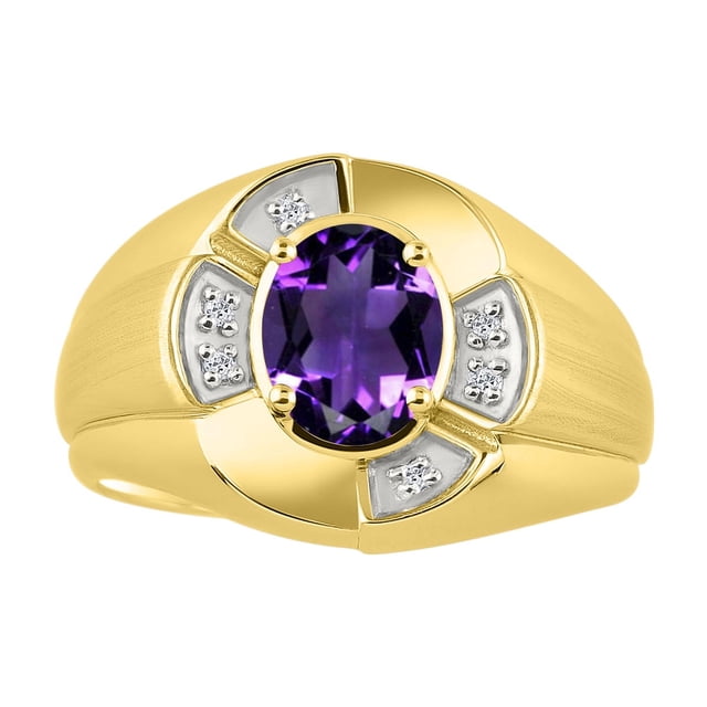 RYLOS Yellow Gold Plated Silver Ring 8X6MM Oval Gemstone & Diamond Unisex Rings Amethyst February Birthstone Ring Size 13