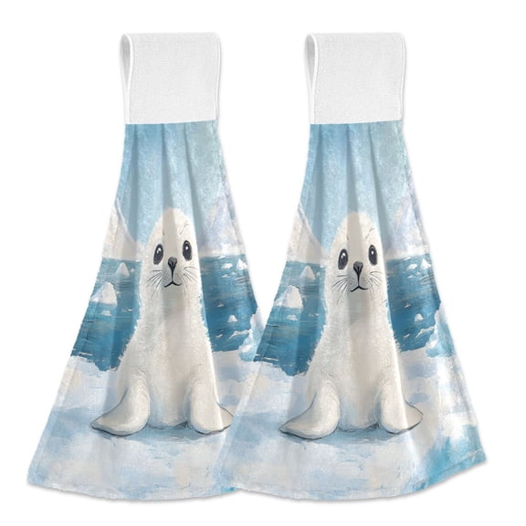 Haosy 2 Pack Kitchen Wash Cloths with Hanging Loops Absorbent Absorbent Quick Drying Hand Towels, Baby Seal on Iceberg
