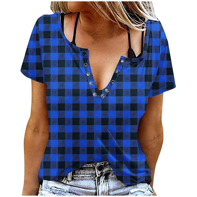 Liquidation d'Économies! Hauts pour Femmes Grande Taille, Blouse d'Été à Manches Courtes pour Femmes, T-shirt Blouse à Col Rond à Boutons Imprimé à Manches Courtes pour Femmes