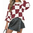 thumbnail image 3 of Women'S Fall Fashion Roll-Neck Long Sleeve Plaid Ribbed Knit Loose Pullover Sweater Tops Burgundy Checkered XL, 3 of 9