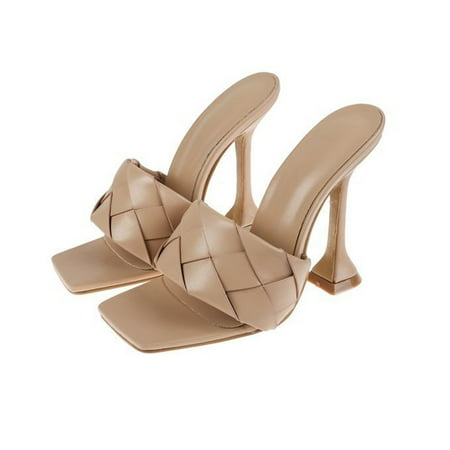 

MEGAWHEELS Sandals Square Open Toe Heeled Woven Leather Shoes for Women