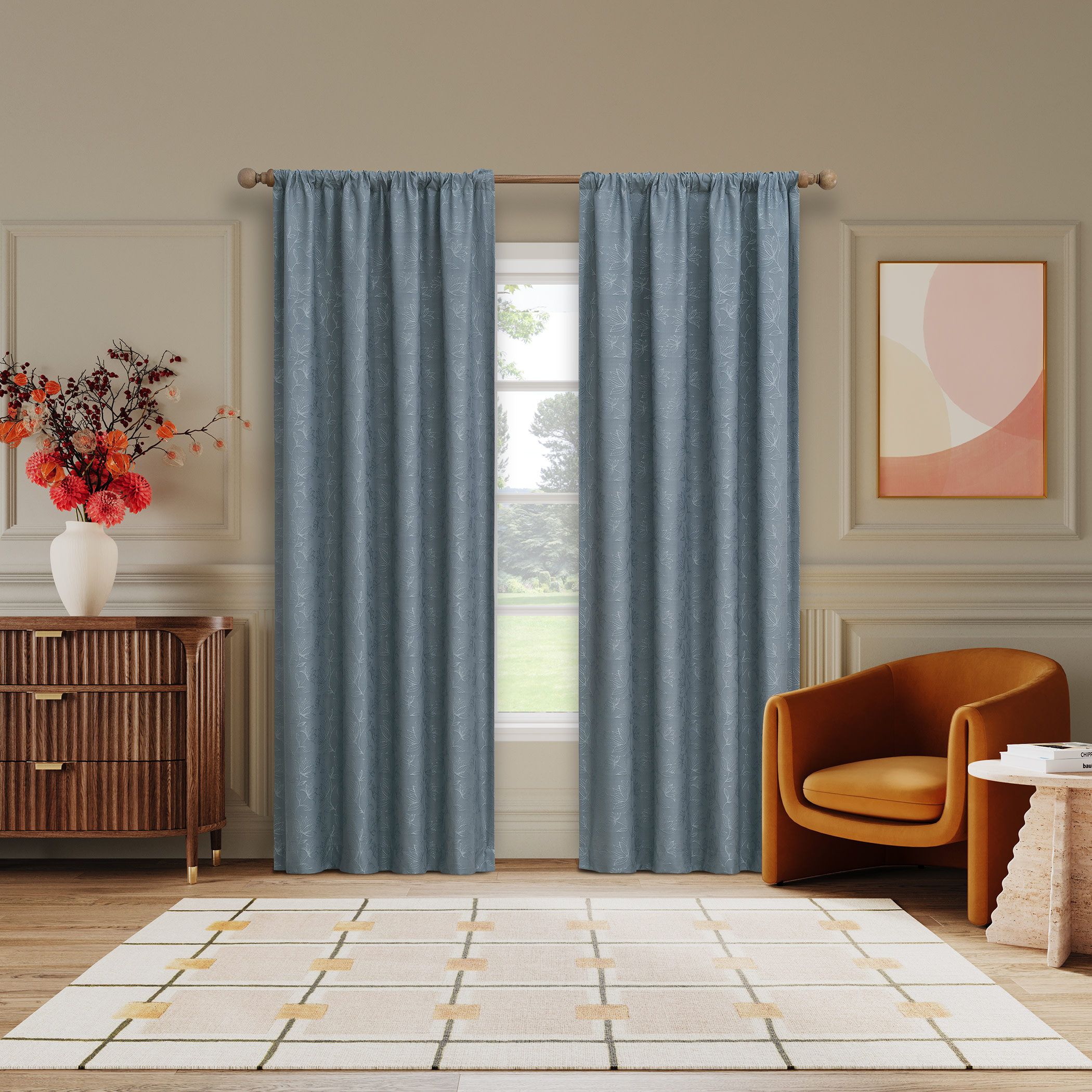 Sun Zero Bronte Floral Jacquard 100% Blackout Rod Pocket Curtain Panel, 50"W X 84"L, Denim Blue