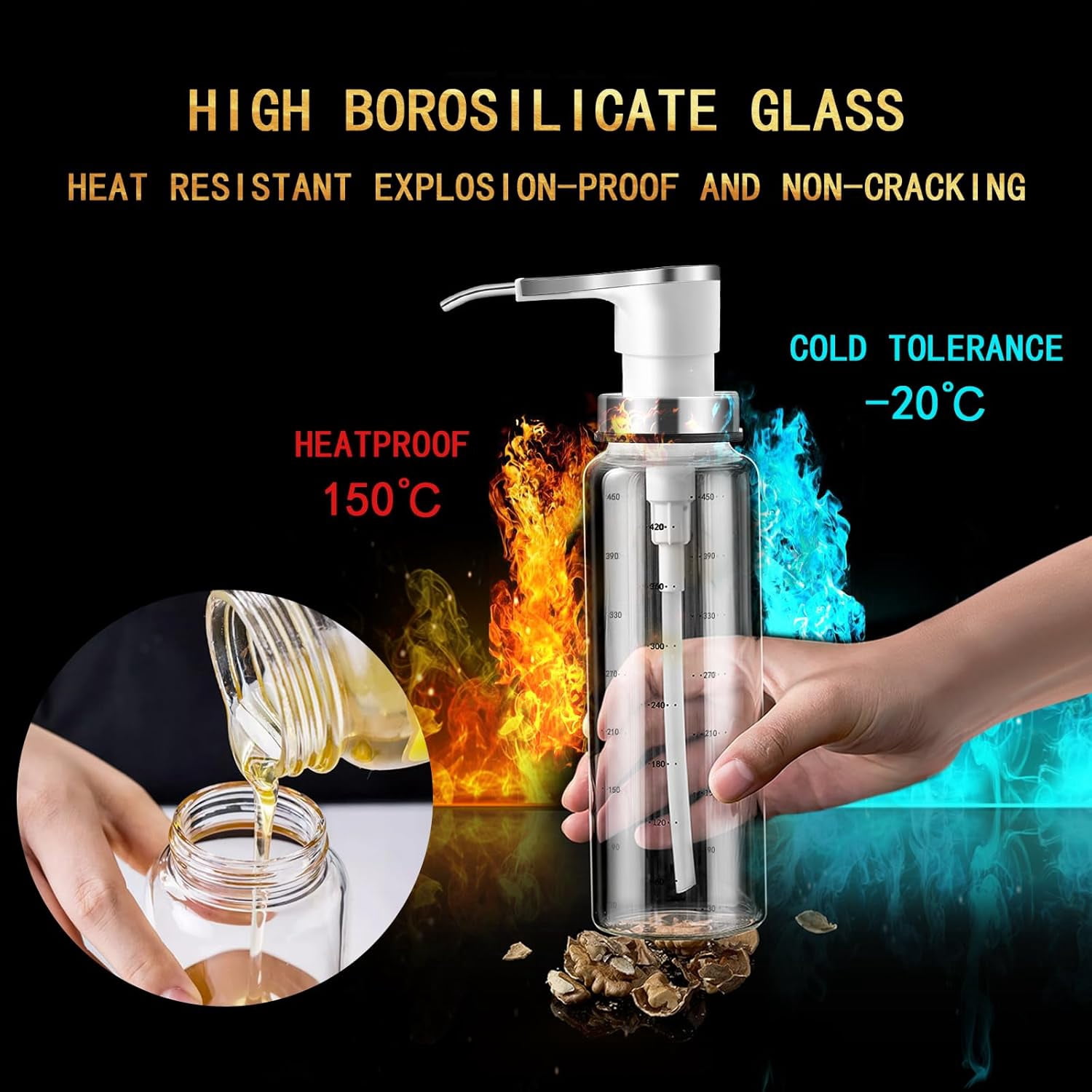 SONGAUN Sauce Pump Dispensers, Coffee Syrup Dispenser, 2 x 500ml Glass Bottle with Stainless Steel Pumps, Leak-Proof, Food Grade Pumps for Honey, Syrups, Oil, Condiments, Salad Dressings (2 X)