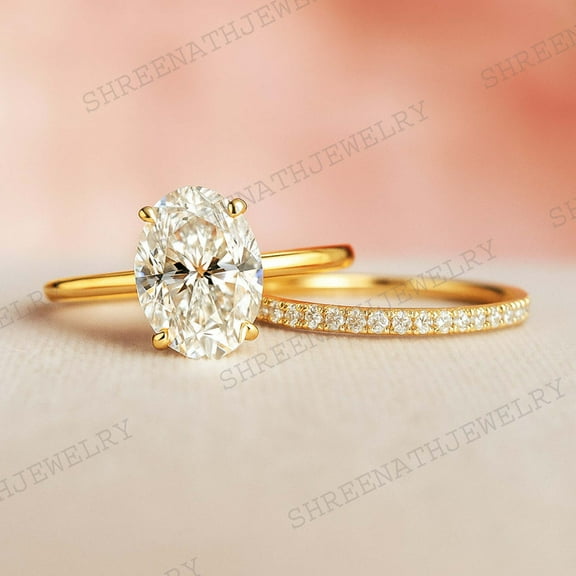 SHREENATHJEWELRY Vintage 3Ct Oval Cut Moissanite Wedding Ring Set Moissanite Engagement Bridal Set 14K Solid Gold Promise Jewelry Anniversary Gift For Women