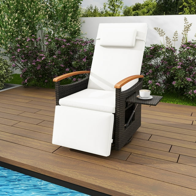Costway Fauteuil Inclinable d'Extérieur en Rotin Pivotant à 360° Chaise Longue de Patio en Osier Blanc