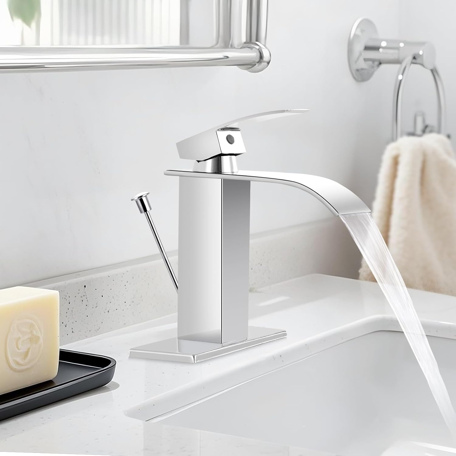 Chrome Bathroom Faucet with Lift Rod Drain, Waterfall Bathroom Sink Faucet Modern Single Handle Bathroom Faucte 1 or 3 Hole, RV Mixer Tap Vanity Faucet Washbasin Faucet with Deck