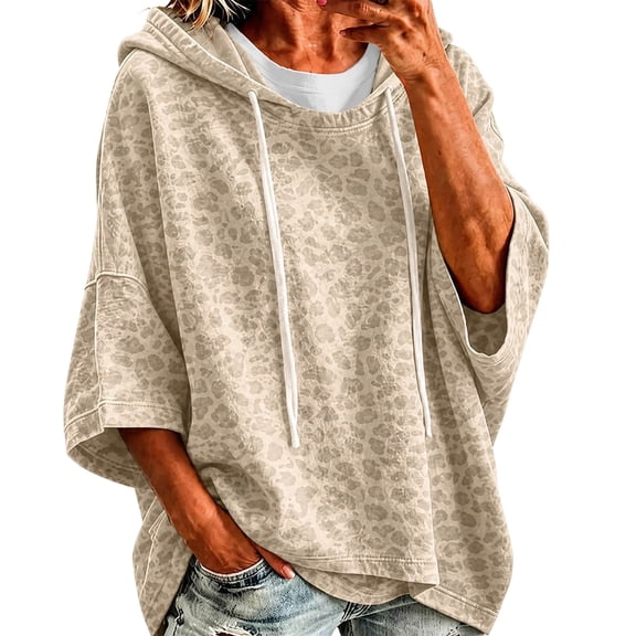 Womens Cheetah Print Hooded Sweatshirt Long Sleeve Leopard Pullover Hoodie Casual Loose Winter Tops Beige L