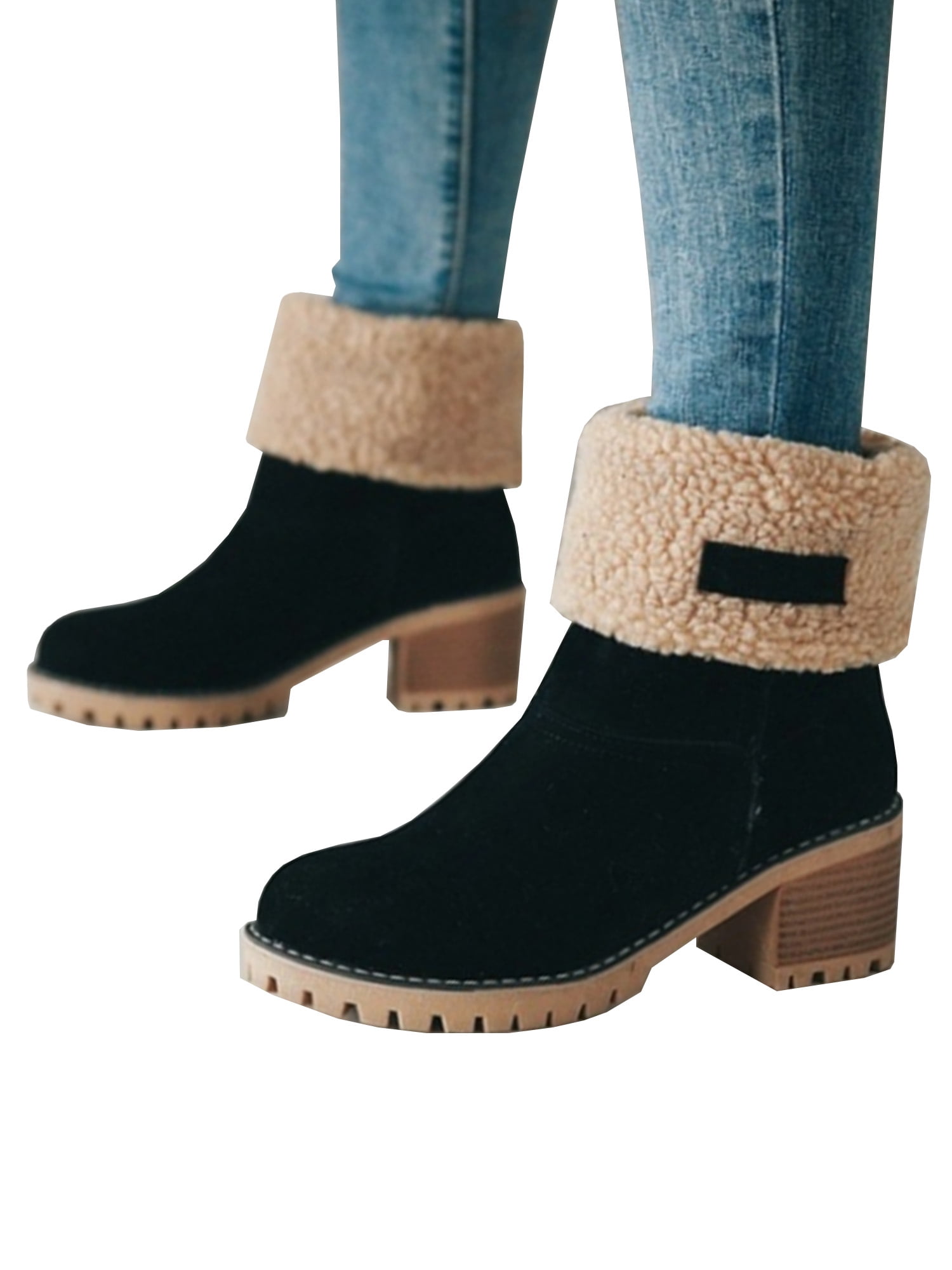 Women Ladies Ankle Boots Faux Fur Lined Chunky Block Heel Snow Boots Shoes Size 