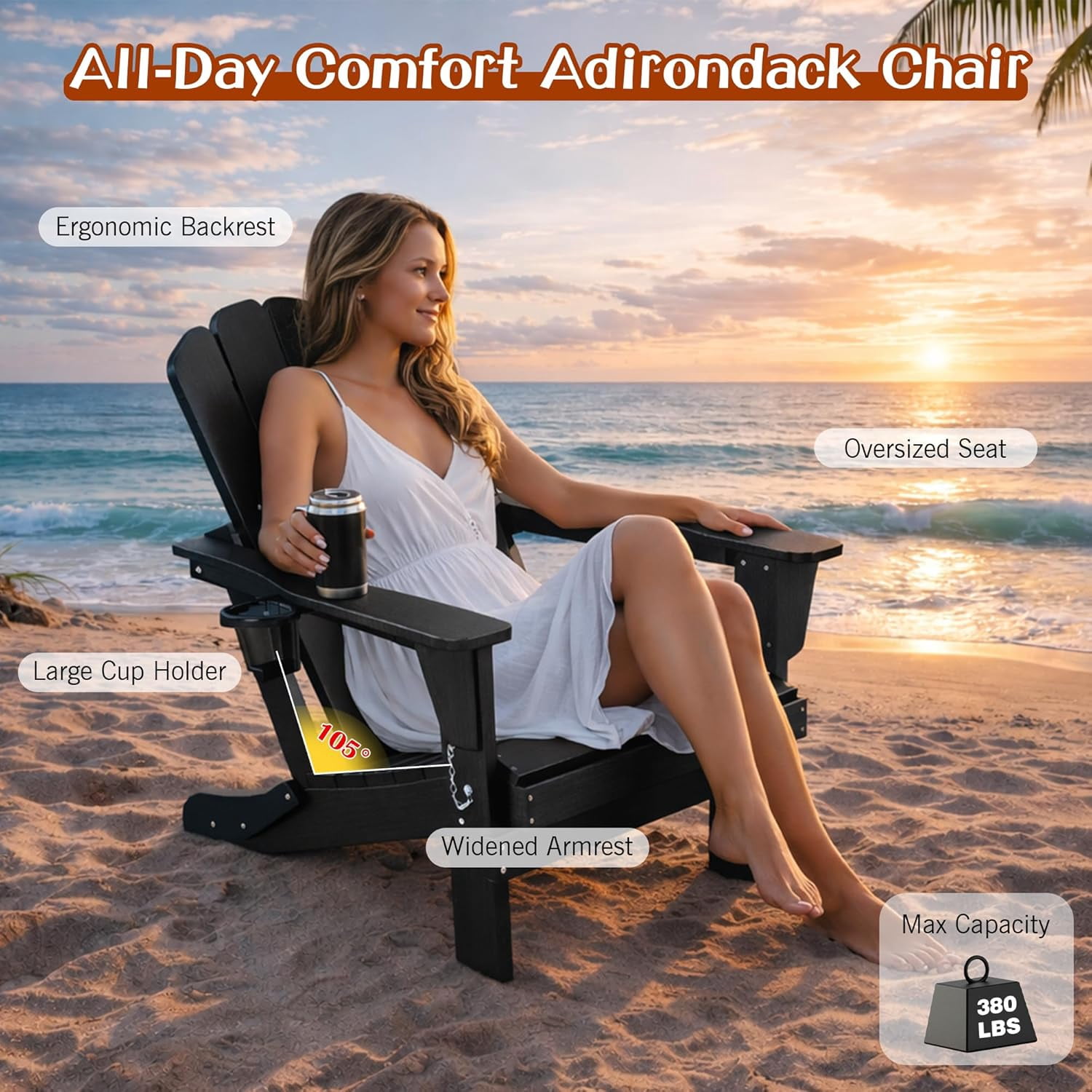 Domi Outdoor Living Folding Adirondack Chair Set of 2, All-Weather HDPE Patio Chair with Cup Holder, Weather-Resistant Fire Pit Seating for Backyard, Deck, Garden & Poolside, Black
