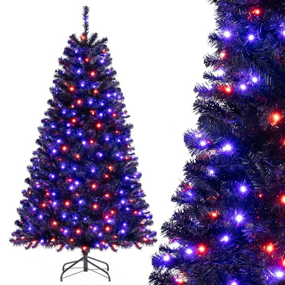 Topbuy 6 FT Artificial Halloween Tree Pre-lit Hinged Black Xmas Tree w/ Spooky Sounds LED Lights