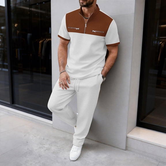 SOOMLON Men 2 Piece Set Outfit Big and Tall Waffle Zipper Color Block Tees Cropped Pants with Pockets Casual Summer Sets