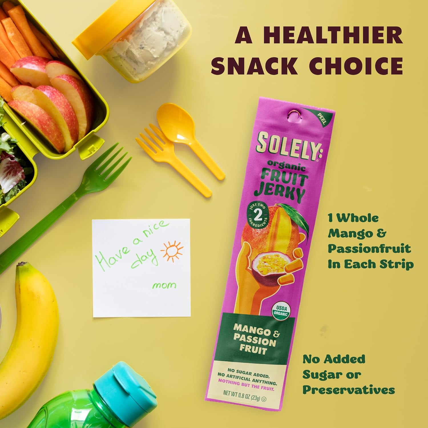 SOLELY Organic Mango Passion Fruit Jerky, 12 Individually Wrapped Strips, Made from Dried Fruit, Healthy Snacks for All, Vegan Snacks, 0.8oz (23g)