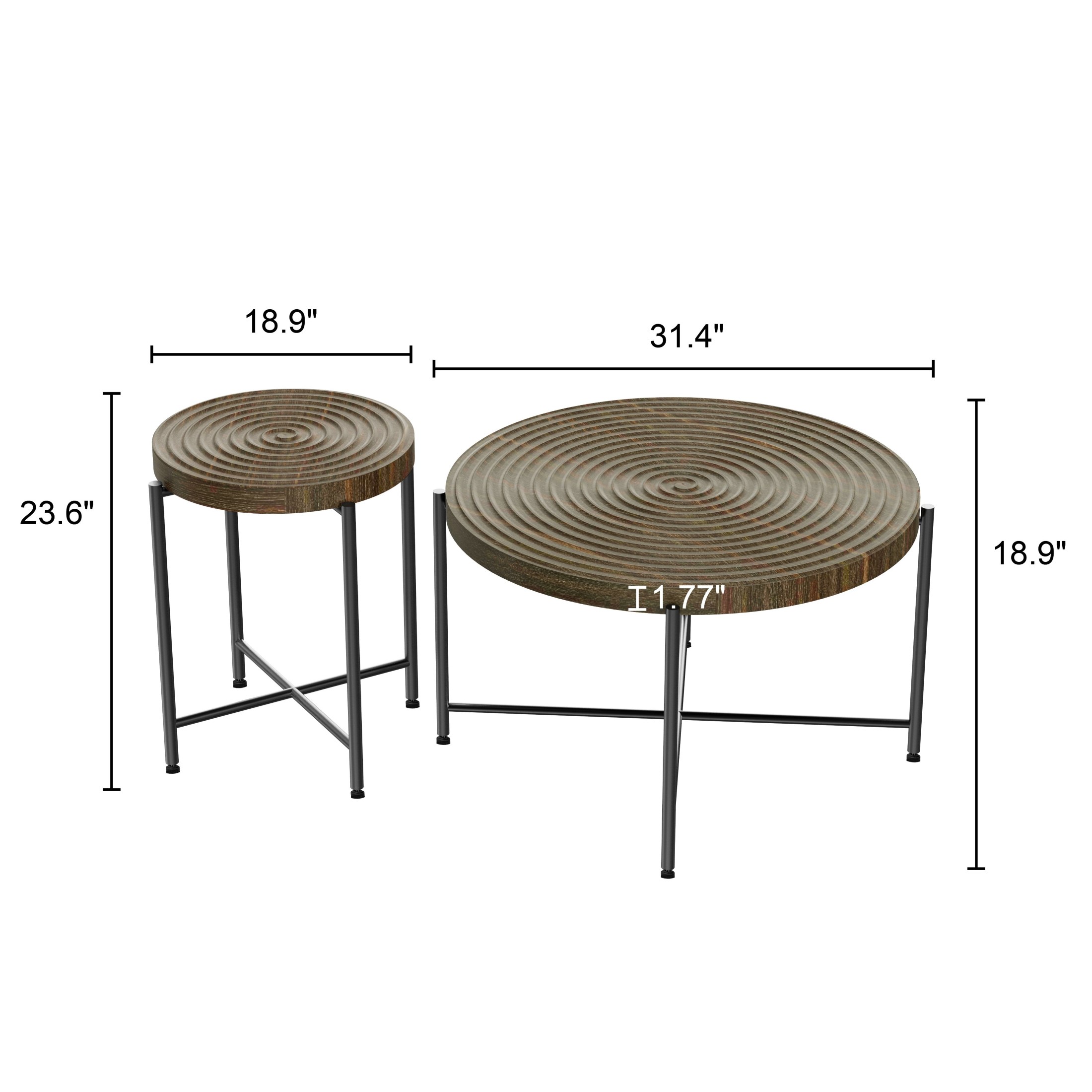GDF Studio 2-Piece Coffee and End Table Set with Radial Ring Pattern Tabletops, Black Metal Legs, Walnut Brown