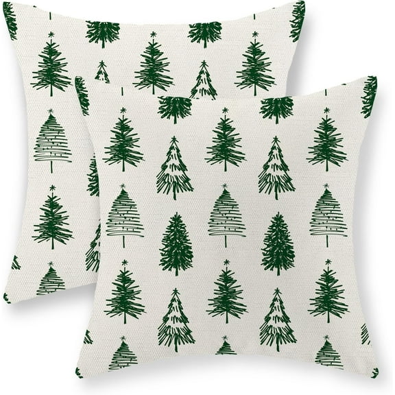 Christmas Pillow Covers 16x16 Set of 2, Christmas Decor Linen Pillowcase Christmas Tree Geometric Green Throw Pillows Winter Farmhouse Holiday Decorations Square Cushion Covers for Couch Home