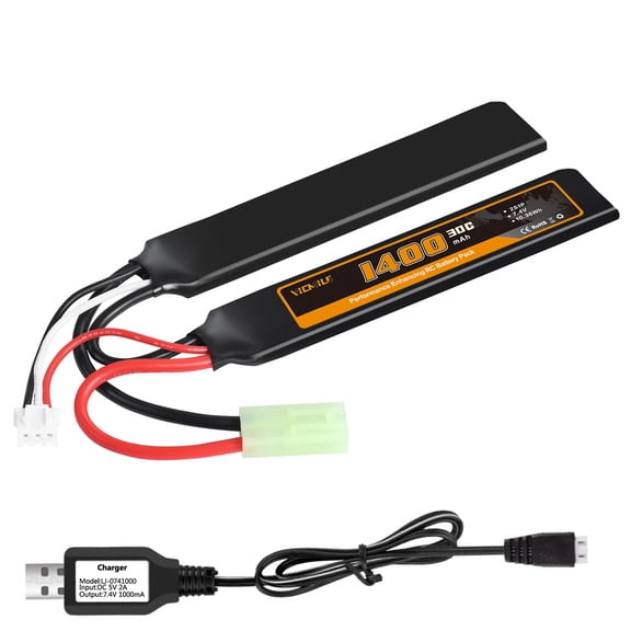 VICMILE 2S Airsoft Battery 7.4V 1400mAh Lipo Battery 30C(Burst 60C) Butterfly Battery Pack with Mini Tamiya Plug Fit for Most Airsoft Model Guns Gel Water Bead Blaster with 7.4V USB Charge Cable