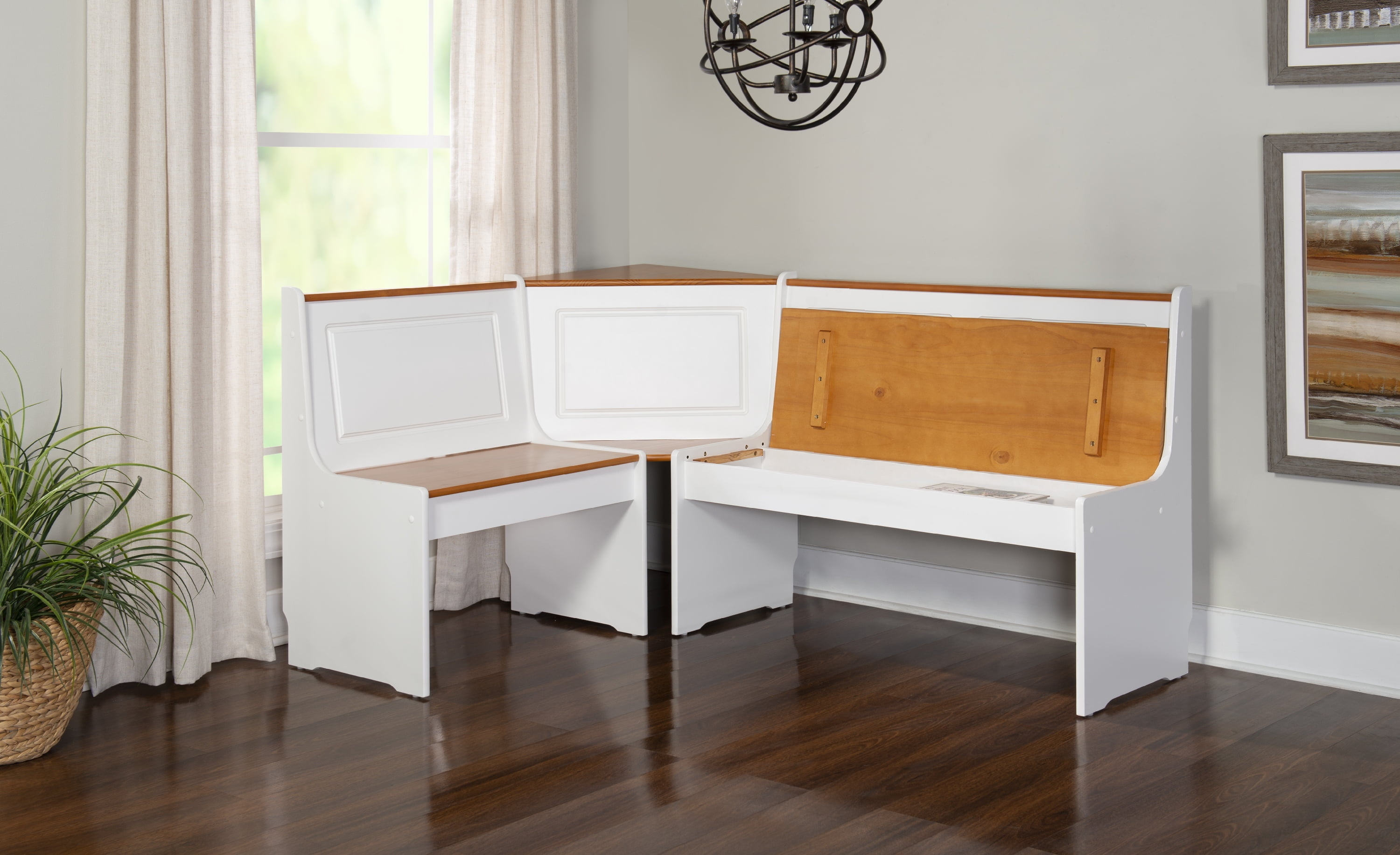 Linon Ardmore Wood Corner Dining Breakfast Nook with Table and Storage,  Seats 5-6, White and Natural Finish 