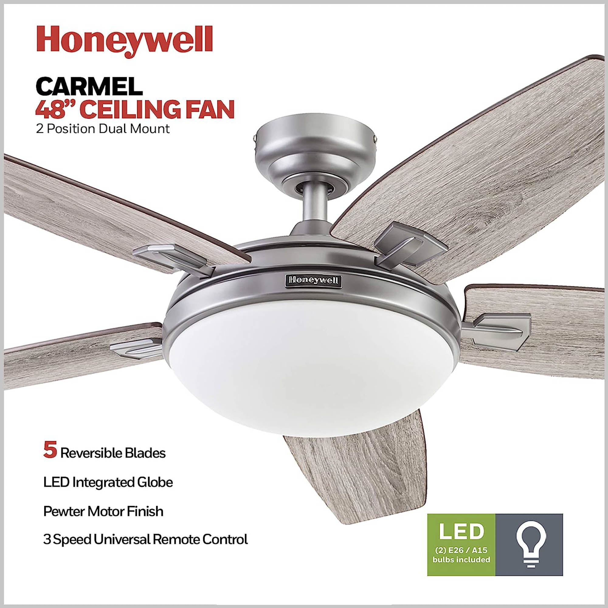 Honeywell Carmel Ceiling Fan, Quiet Motor and Remote Control, 48 Inch, Matte Nickel