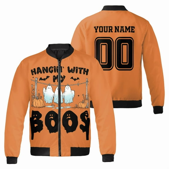 Custom Halloween Bomber Jacket – "Hangin' With My Boos" Ghost Design, Personalized Name & Number, Unisex Fall Outfit