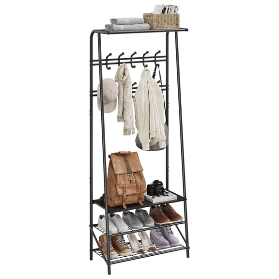 4-in-1 Hall Tree with Coat Hooks,3-Tier Coat Rack & 10 Hooks,Freestanding Shoe Storage Bench and Top Shelf,Metal Entryway Organizer for Hallway,Bedroom,Black
