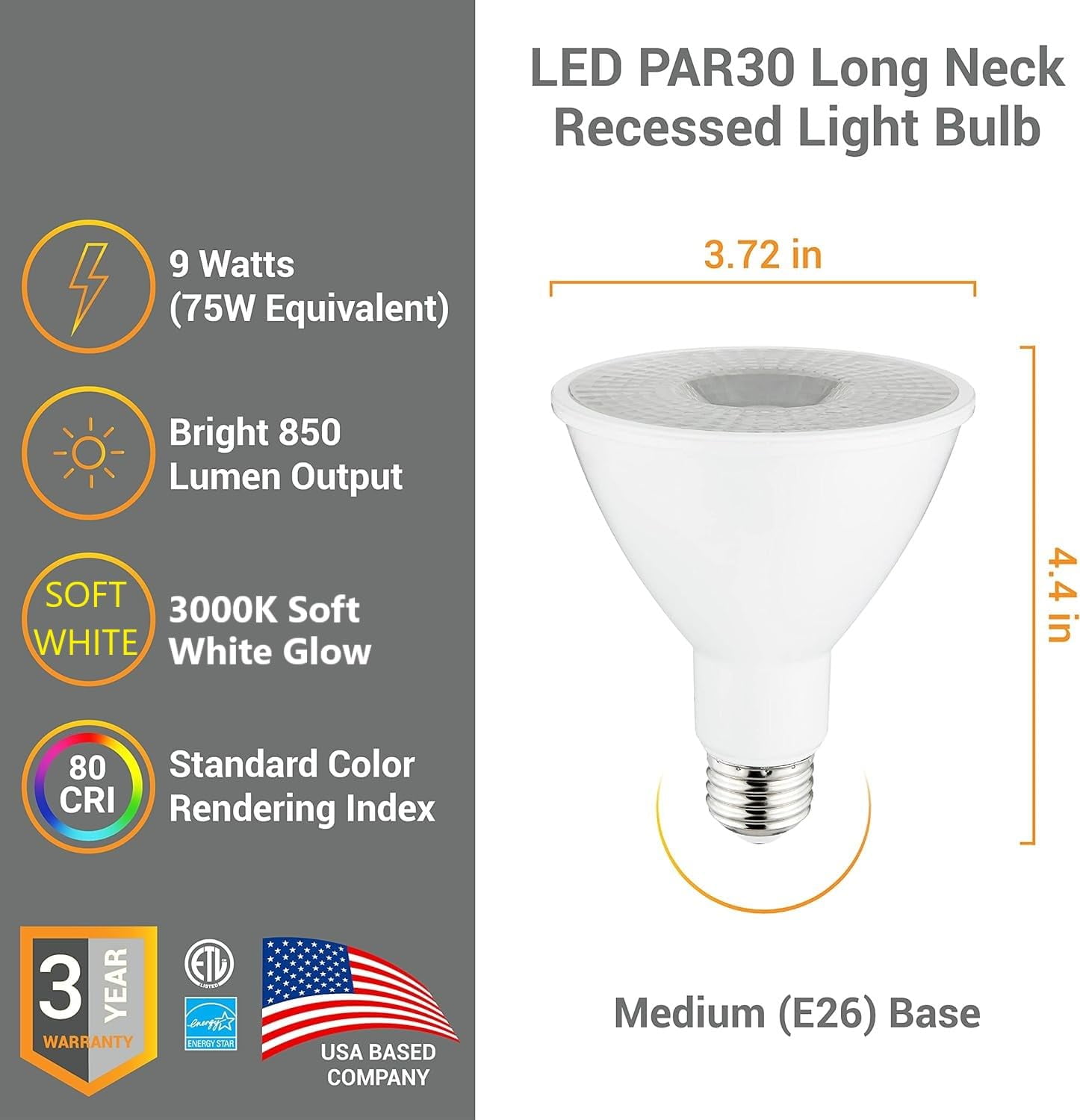 Diodesy- Pack of 6 PAR30LN/LED/9W/FL35/D/E/27K PAR30 Long Neck LED Flood Light Bulb, 9W (75-Watts EQ), Dimmable, 2700K Warm White, 850LM, Long Lasting E26 Light for Recessed Trim, Track, Accent, ETL