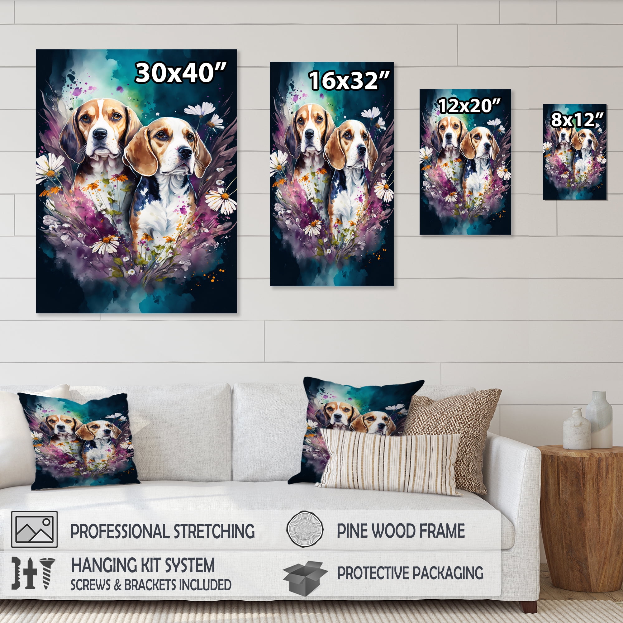 Designart Cute Beagles Floral Art Canvas Wall Art