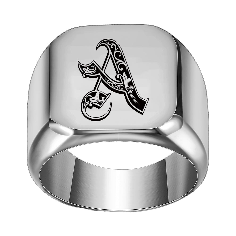 PAMTIER Unisex Personalized Initial Signet Ring Engraved Ornate Gothic Letter Band Chunky Stainless Steel Monogram Plated Silver A Size 5
