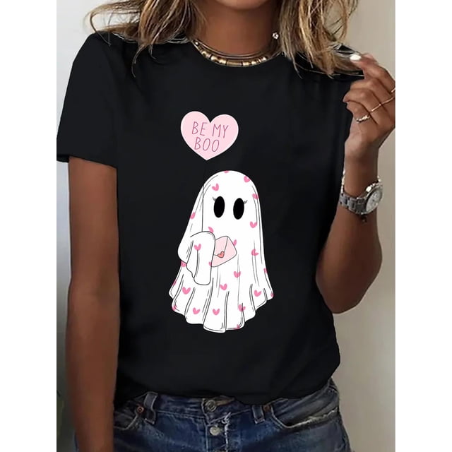 T-Shirt Graphique Astronaute & Lune pour Femmes - Mode Décontractée Col Rond Manches Courtes, Polyester Respirant, Lavable en Machine, Décor Astronaute, DJ, Noir