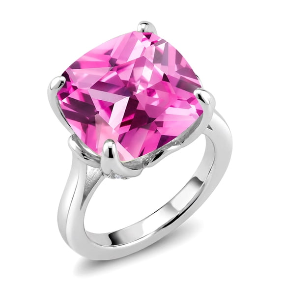 Gem Stone King 925 Sterling Silver Pink Created Sapphire Engagement Ring for Women (14.68 Cttw, 14MM Cushion, Size 5)