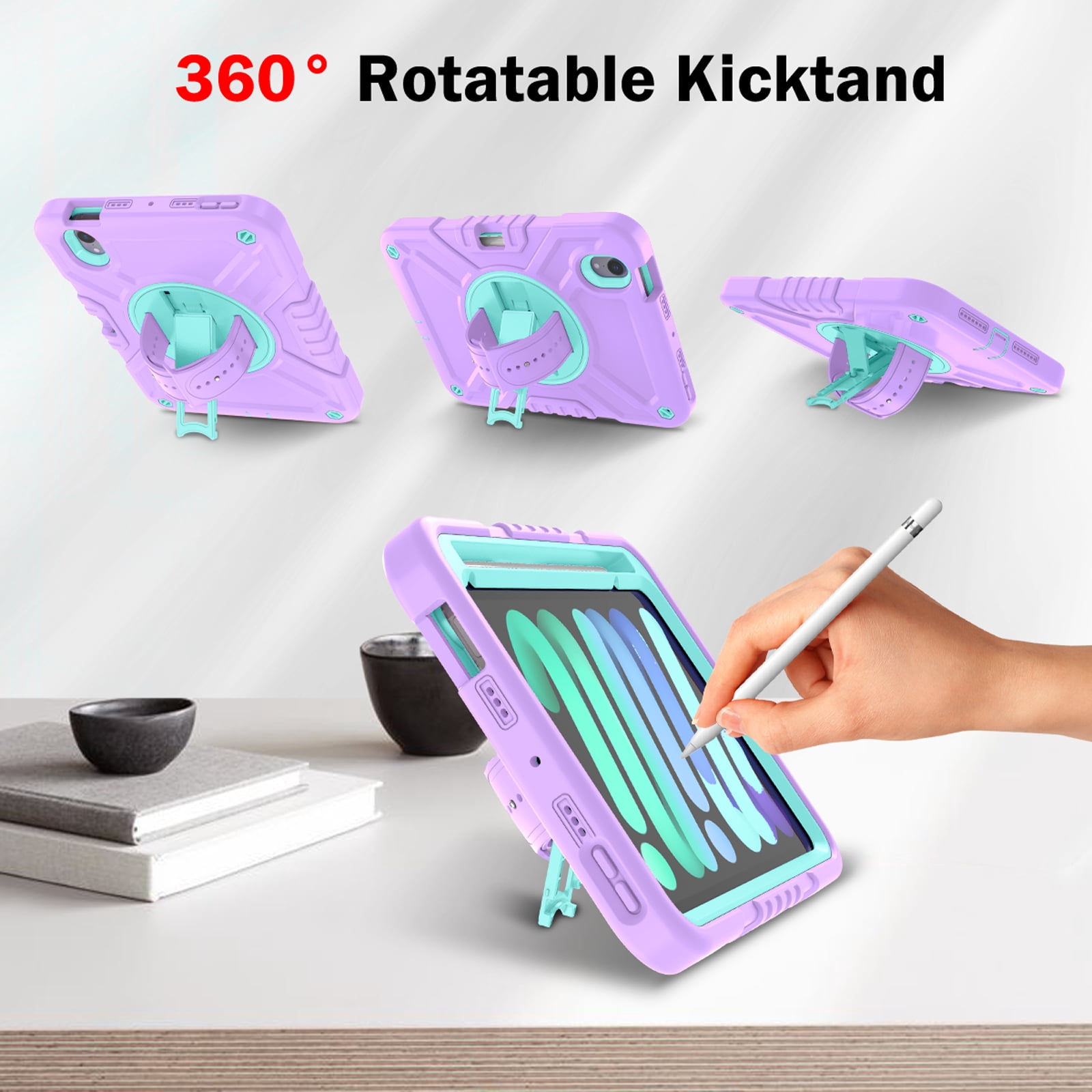 Dteck Case for iPad mini 7 (A17 Pro) 8.3 inch 2024/ iPad mini 6th Generation,Heavy Duty Rugged Drop Proof Shockproof Armor Case with Stand Pencil Holder Hand Strap Shoulder Strap,Purple+Green