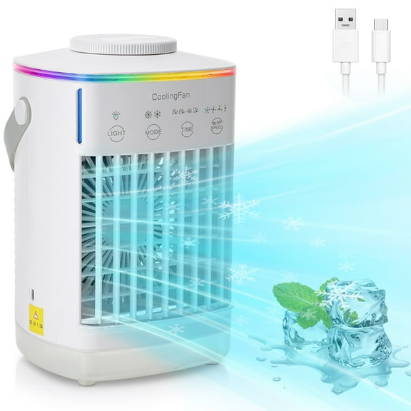 Mini Portable Air Conditioners, 3-IN-1 Evaporative Air Cooler with 4 Speeds, 700ML USB Personal Air Cooler for Home, Office, Bedroom, 7 Colors Light, Quiet Mini AC Fan for Camping, Car, RV, Travel