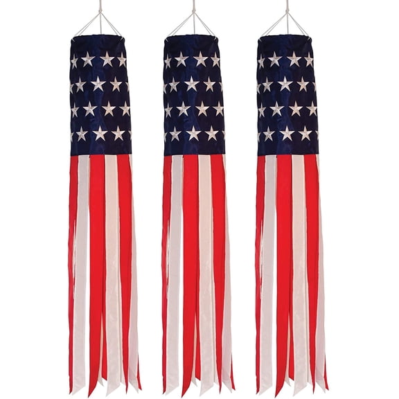 In the Breeze 4112-3 — 3-Pack Stripes 40-inch Embroidered Stars Windsock — Vibrant Patriotic Outdoor Decor