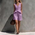 thumbnail image 5 of Mifsaly 2 Piece Linen Set for Women Sleeveless V Neck Button Down Peplum Top and Loose Shorts Lightweight Flowy Casual Vacation Summer Outfits Purple,M, 5 of 7