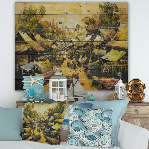 Designart 'Ancient Waterside Life II' Traditional Print on Natural Pine Wood