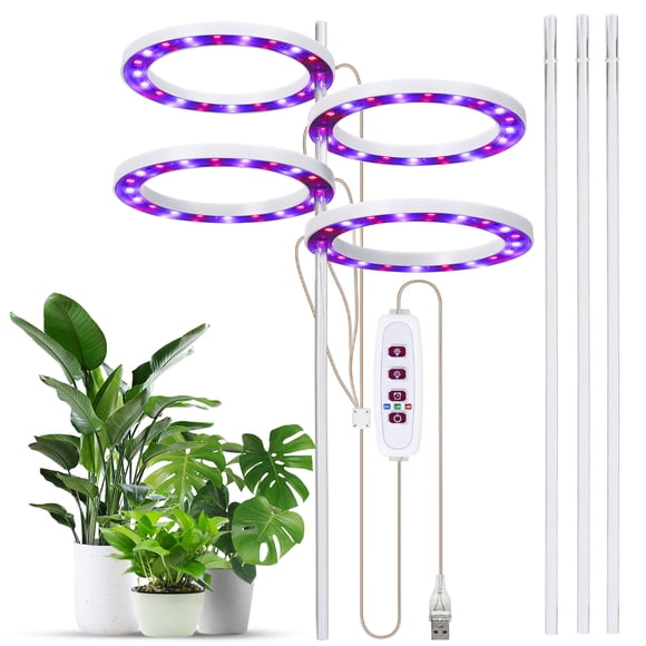 4-in-1 Adjustable LED Grow Light with Timers and Spectrum Control for Indoor Plants - 4.8W with USB Power Supply, Ideal for Succulents and Seedlings, 360° Coverage, Red and Blue Light Options