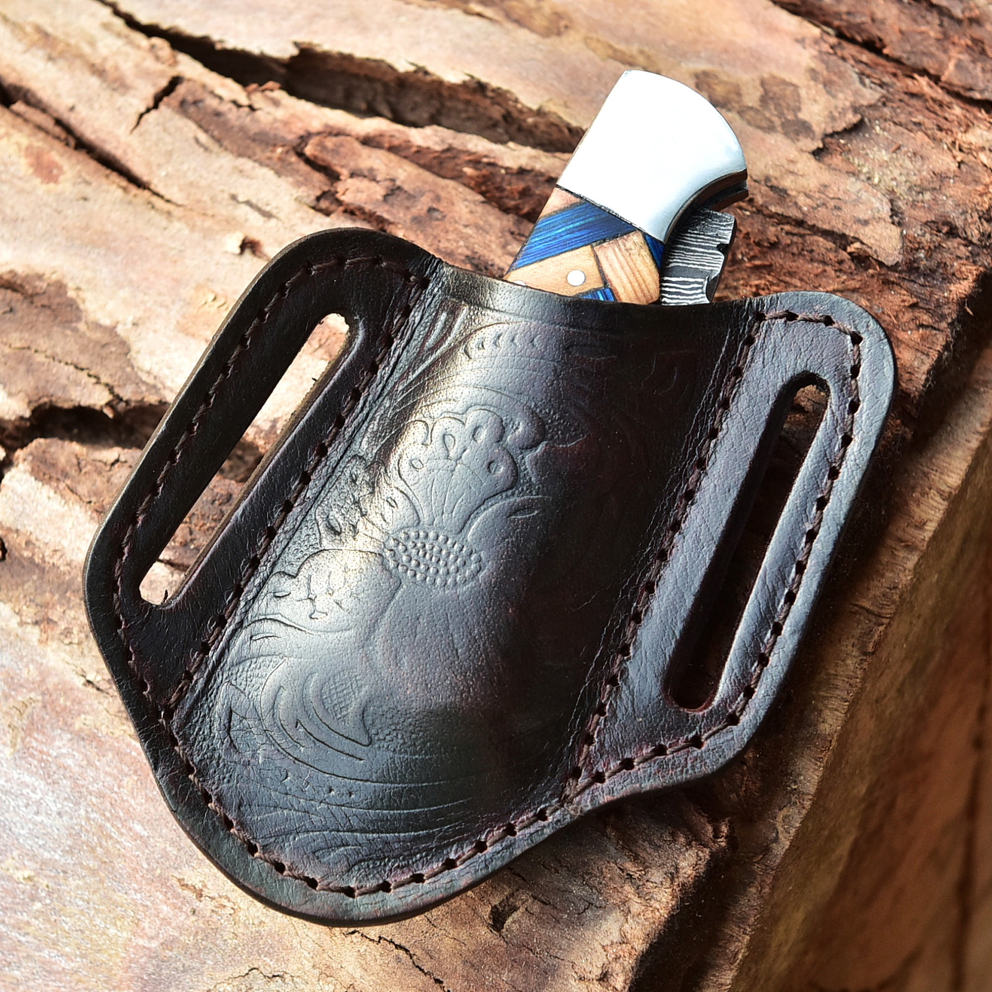 Custom Handmade Damascus Steel Folding Knife/Pocket Knife SS-170482 (Blue and Olive  Wood)