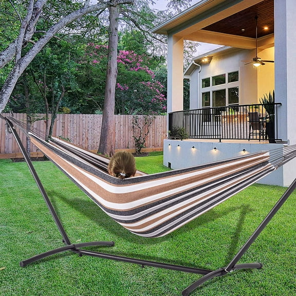 Cotton Camping Hammock Classic Hammock with 9 ft Steel Stand Brown Striped 450 lb Capacity
