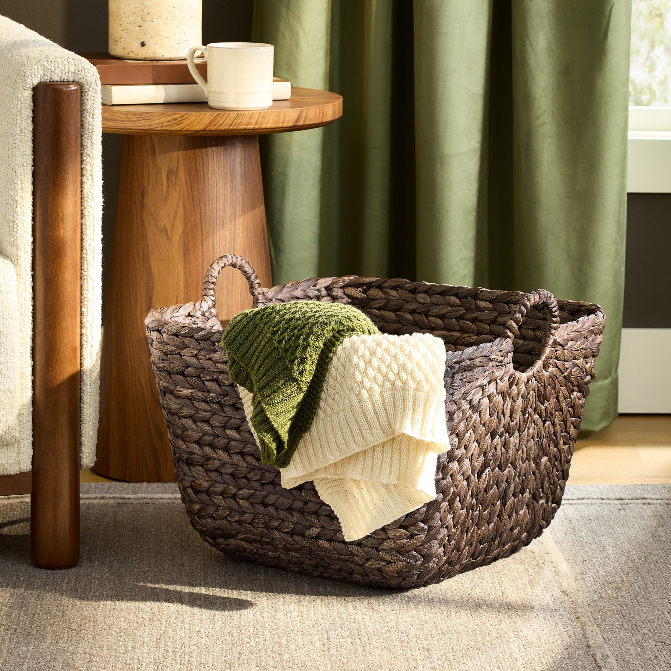 Better Homes & Gardens Beachcomber Handwoven Water Hyacinth Storage Basket with Handles, Dark Brown