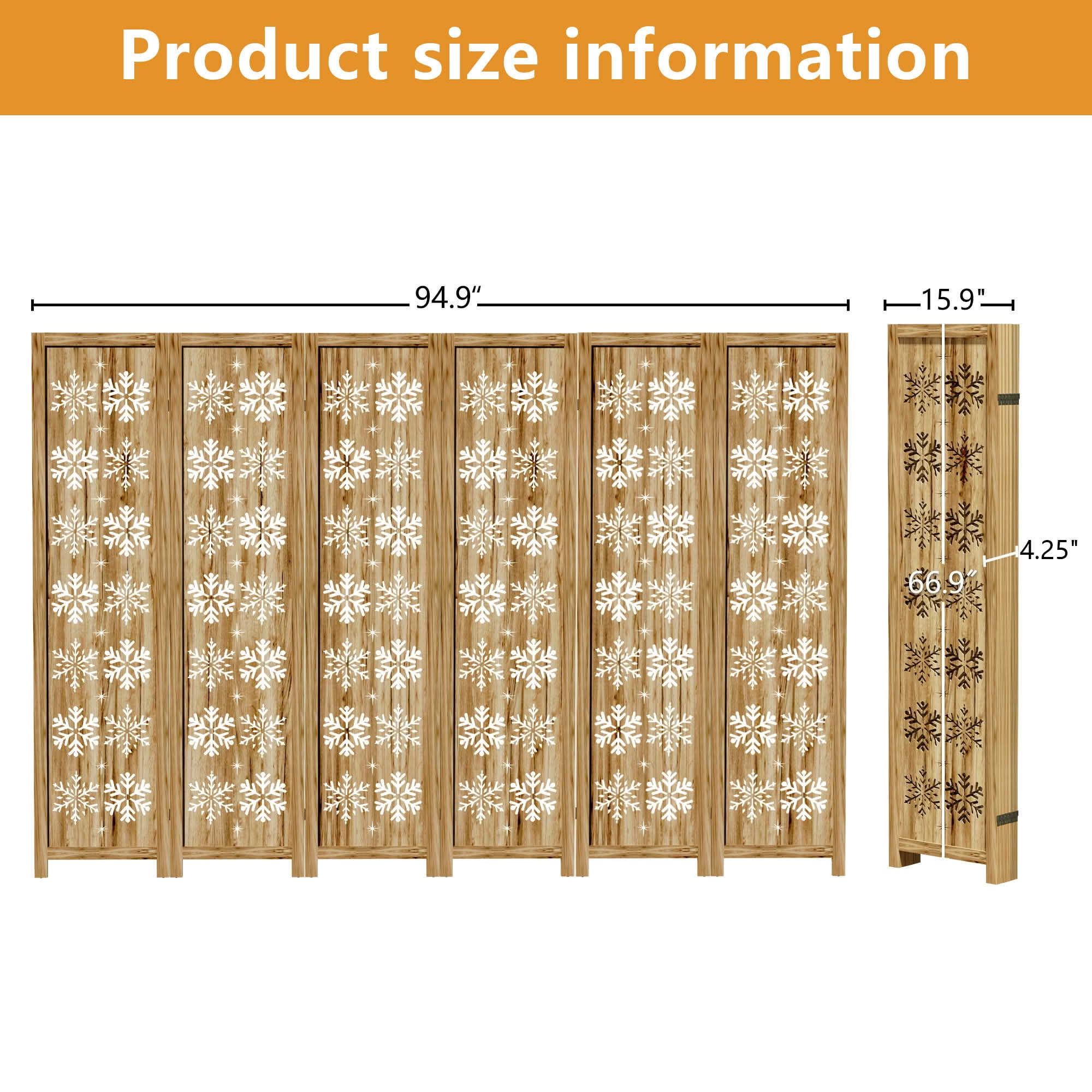 MAYEERTY 95x1x67 Inch Natural Charcoal Snowflake Wooden Folding Privacy Screen, 6 Panel Set for Home & Patio