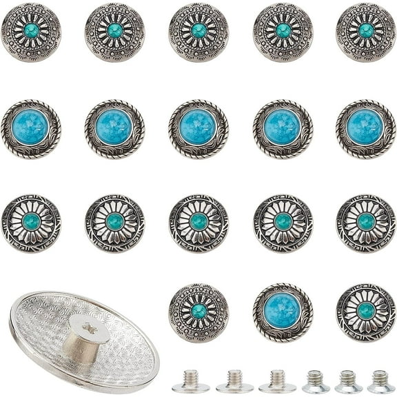 18 Pcs Conchos Decorative Buckle Screw Back Buttons Vintage Artificial Turquoise Conchos Buttons Round Metal Daisy Screw Button for DIY Leather Craft