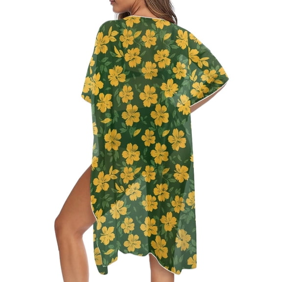 Xoenoiee Tropical Hibiscus Flower Pattern Women Swimsuit Cover Up Half Sleeve Boho Bathing Suit Coverups Skin Friendly Kimonos Cardigans for Swimwear