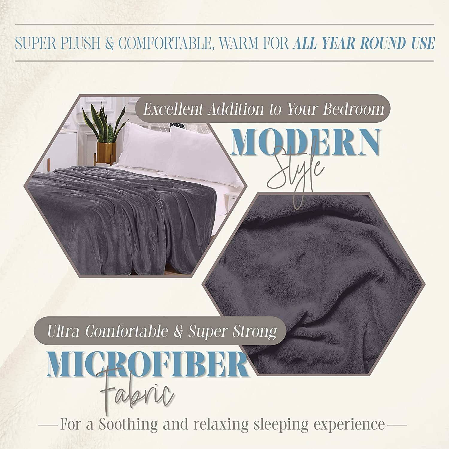 Mocassi Luxury Velvety Feel Blanket, All-Season Lightweight Blanket, Ultra Plush, Soft, Cozy-Fuzzy Flannel Fleece for Couch, Sofa, Bed, Travel, Solid Design, Full/Queen, Gray
