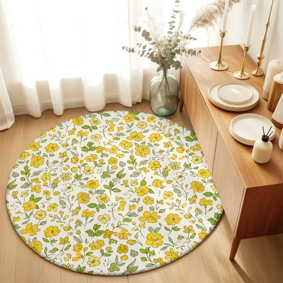 Round Rugs 3Ft, Yellow Flower Blossom Round Area Rug Washable Indoor Throw Carpet, Farmmhouse Botanical Floral Small Non Slip Circle Rug for Bedroom Living Room Home Decor Aesthetic