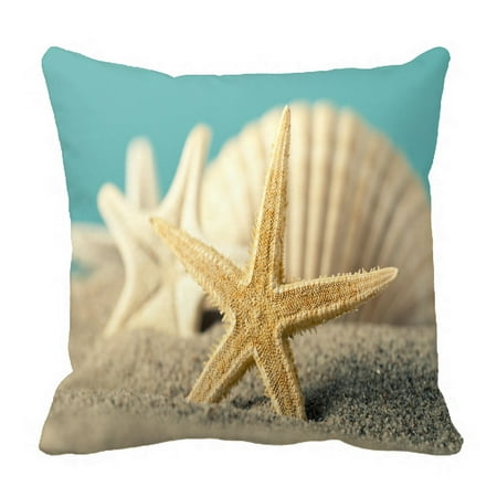 PHFZK Summer Seascape Pillow Case, Starfish and Seashell on the Sandy Beach Pillowcase Throw Pillow Cushion Cover Two Sides Size 18x18