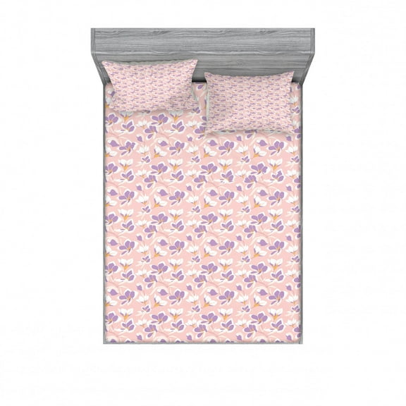 Floral Bedding Set with Sheet & Covers, Hand Drawn Composition of Peony Botany Garden Design Ornamental Romantic, Printed Bedroom Decor 2 Shams, 4 Sizes, Lavender Peach Orange, by Ambesonne