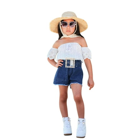 

TAIAOJING Kid Toddler Girl Clothes Kids Summer Lace Off Shoulder T-shirt Tops+ Denim Shorts Belt Set Baby Girl Outfits 1-2 Years