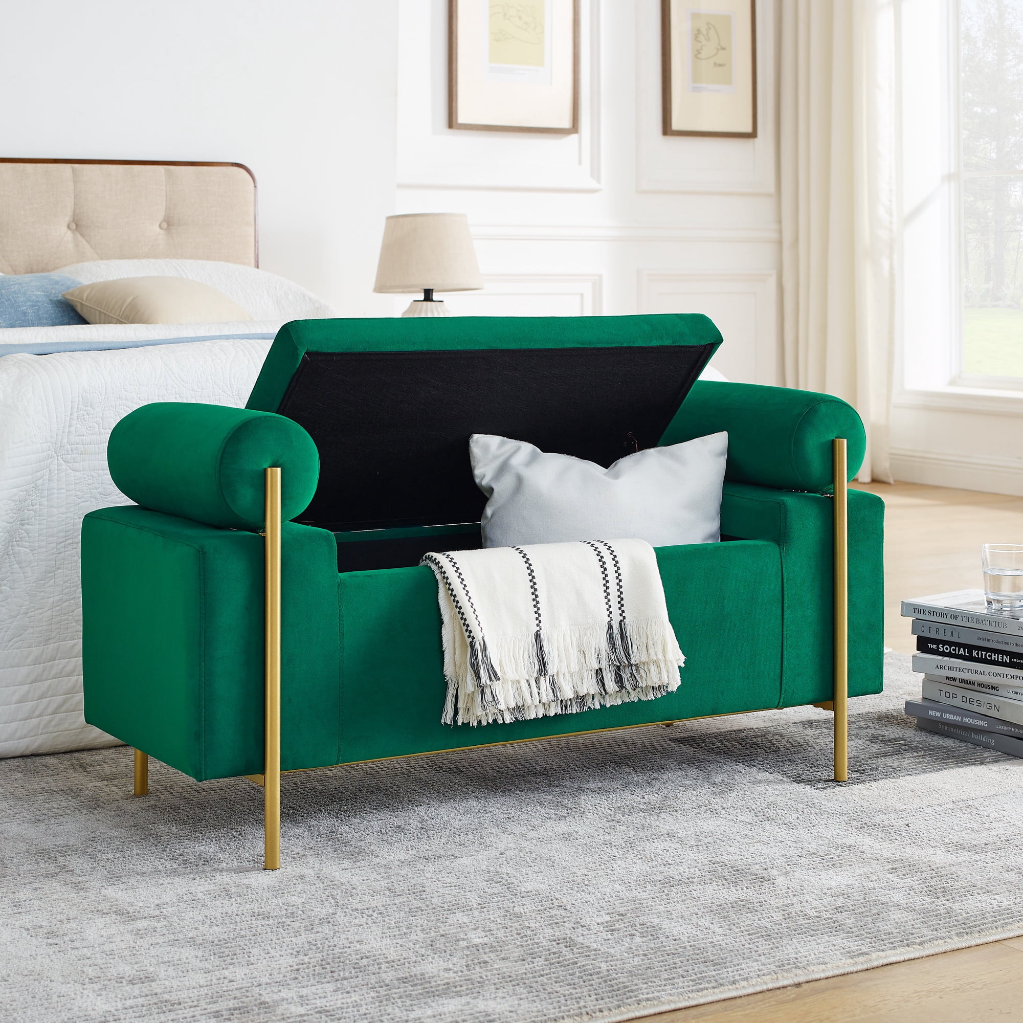 PORKISS 44” Storage Bench, Linen Upholstered Storage Ottoman with Metal Legs, Modern Long End of Bed Seat with Cylindrical Arms for Living Room, Bedroom, Entryway, Green