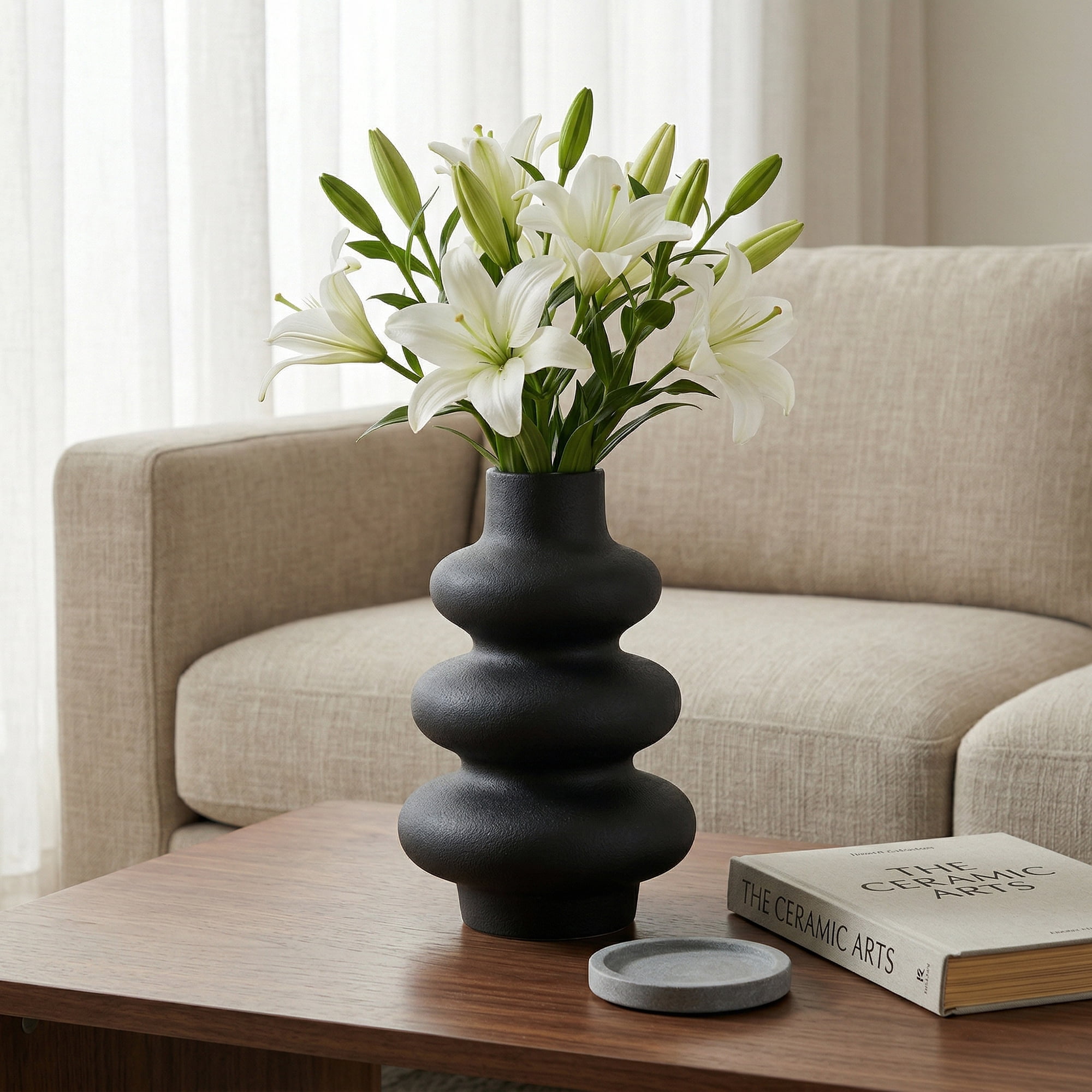 Unique Bargains Ceramic Modern Ripple Textured Decorative Vase Black 5.4"L x 5.4"W x 8"H