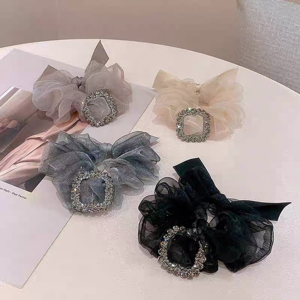 2 piezas de banda de goma para el pelo de organza con diamantes de imitación de temperamento, accesorios para el cabello delicados franceses para el cabello, tocados para mujer, gris y azul LingWen 8390612775772